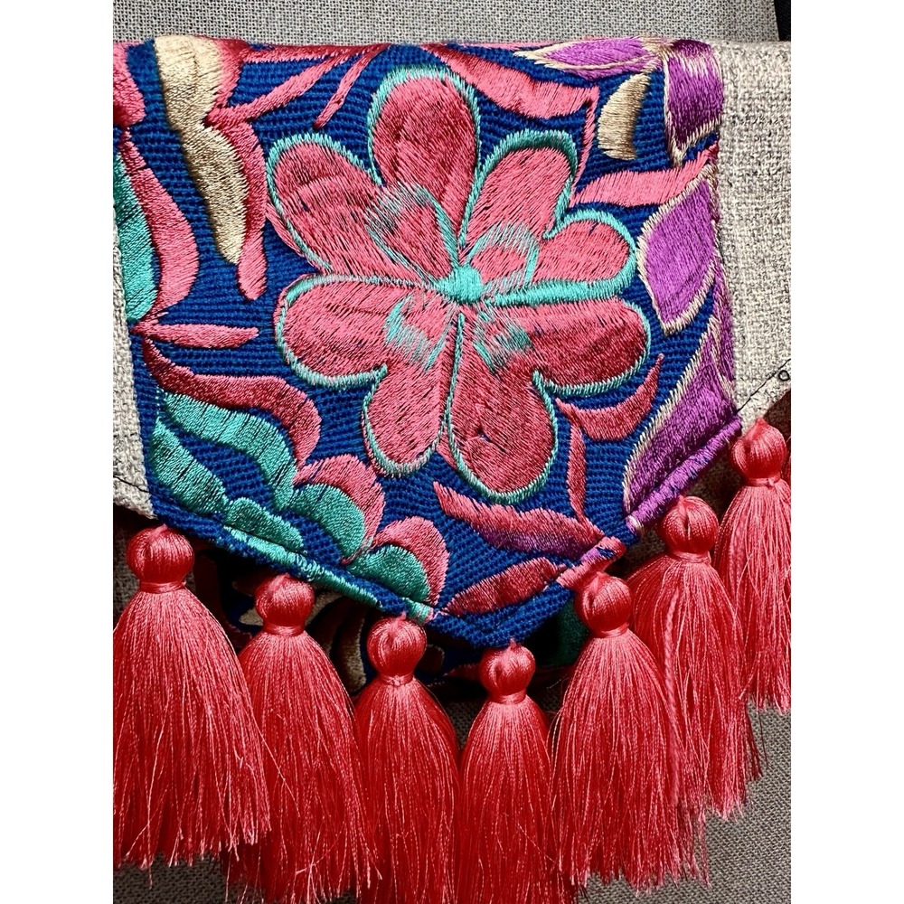 Handmade Mexican Floral Colorful Embroidered Pom Pom Clutch Purse Crossbody Bag - Picture 7 of 9